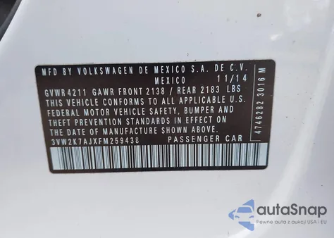 2015 Volkswagen Jetta 2.0L S from USA, damaged, VIN 3VW2K7AJXFM259438